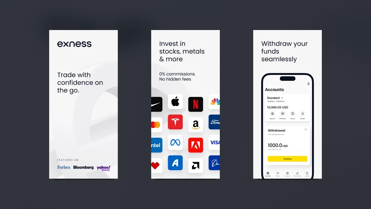 Official Exness trading app and platform imagery