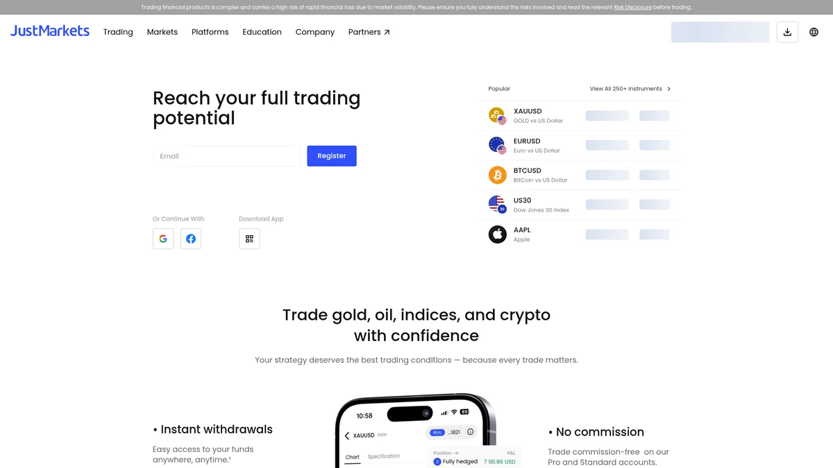 Official JustMarkets mobile trading app imagery